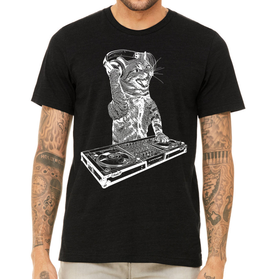 Cat DJ Tshirt, Men's Kitten Disc Jockey Design, Dance Party Animal-