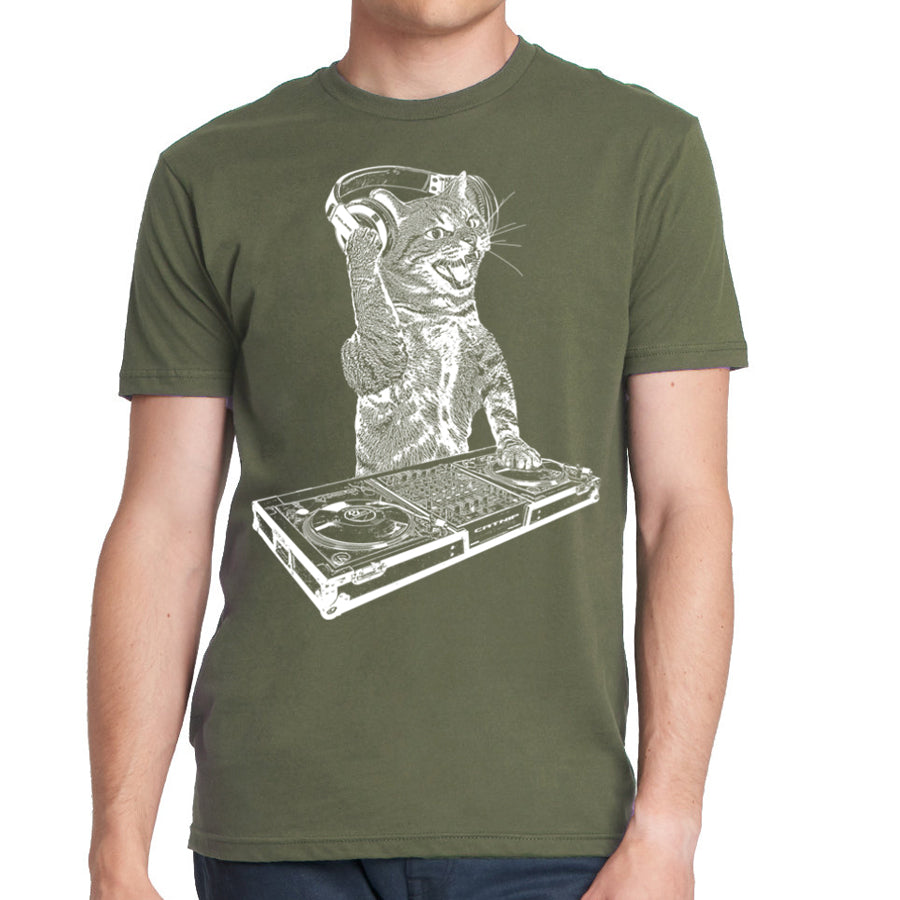 Cat DJ Tshirt, Men's Kitten Disc Jockey Design, Dance Party Animal-